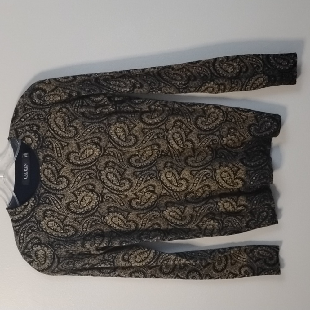 Lauren Ralph Lauren Black Label Slim Fitting Crewneck Top Gold Paisley Motif
